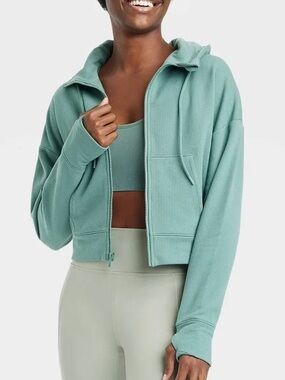 Green Ribbed Zip-Up Hoodie